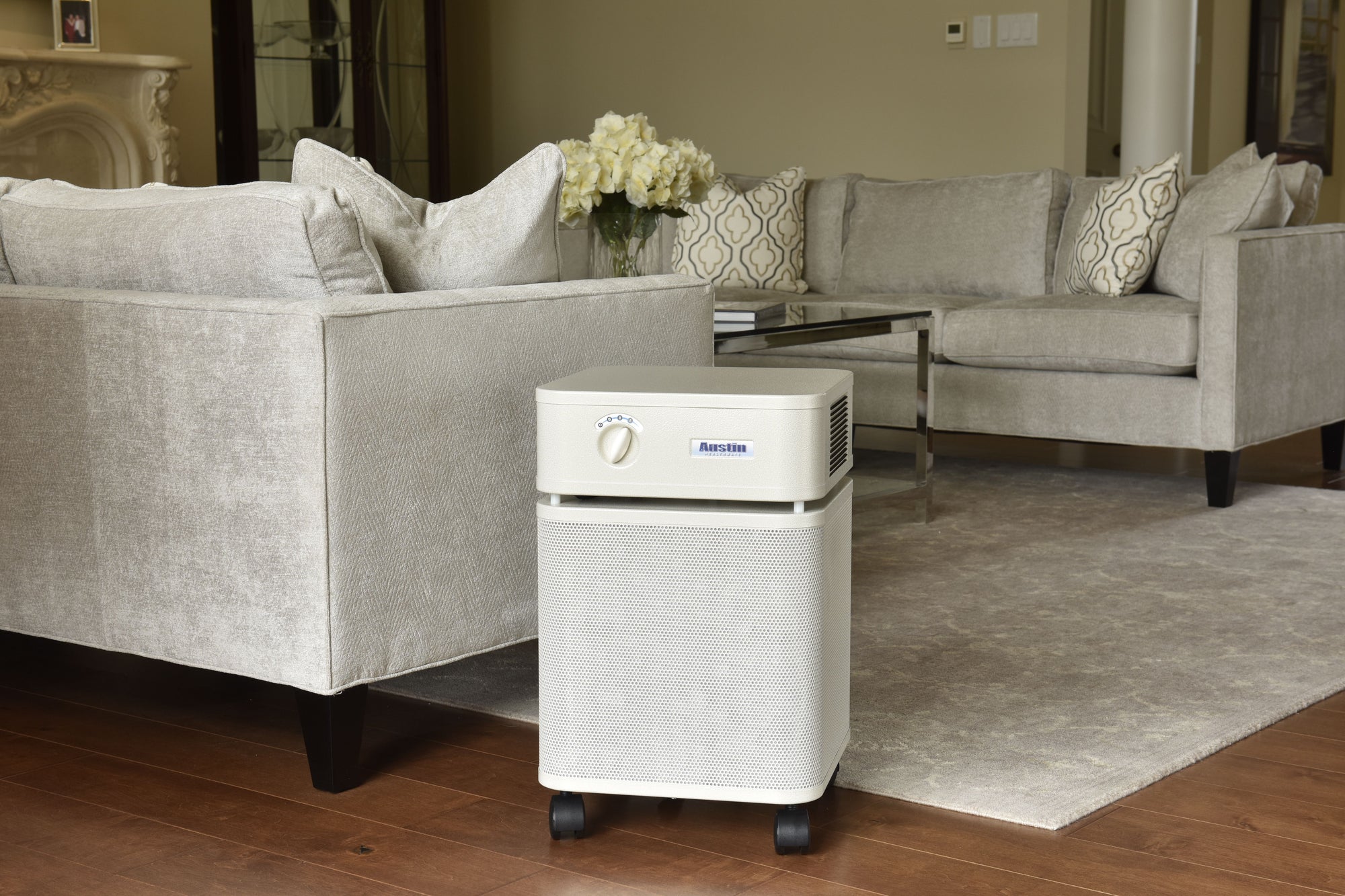 Modern living room showing the Austin Air Healthmate Air Purifier shown in the sandstone color. Nice looking unit.